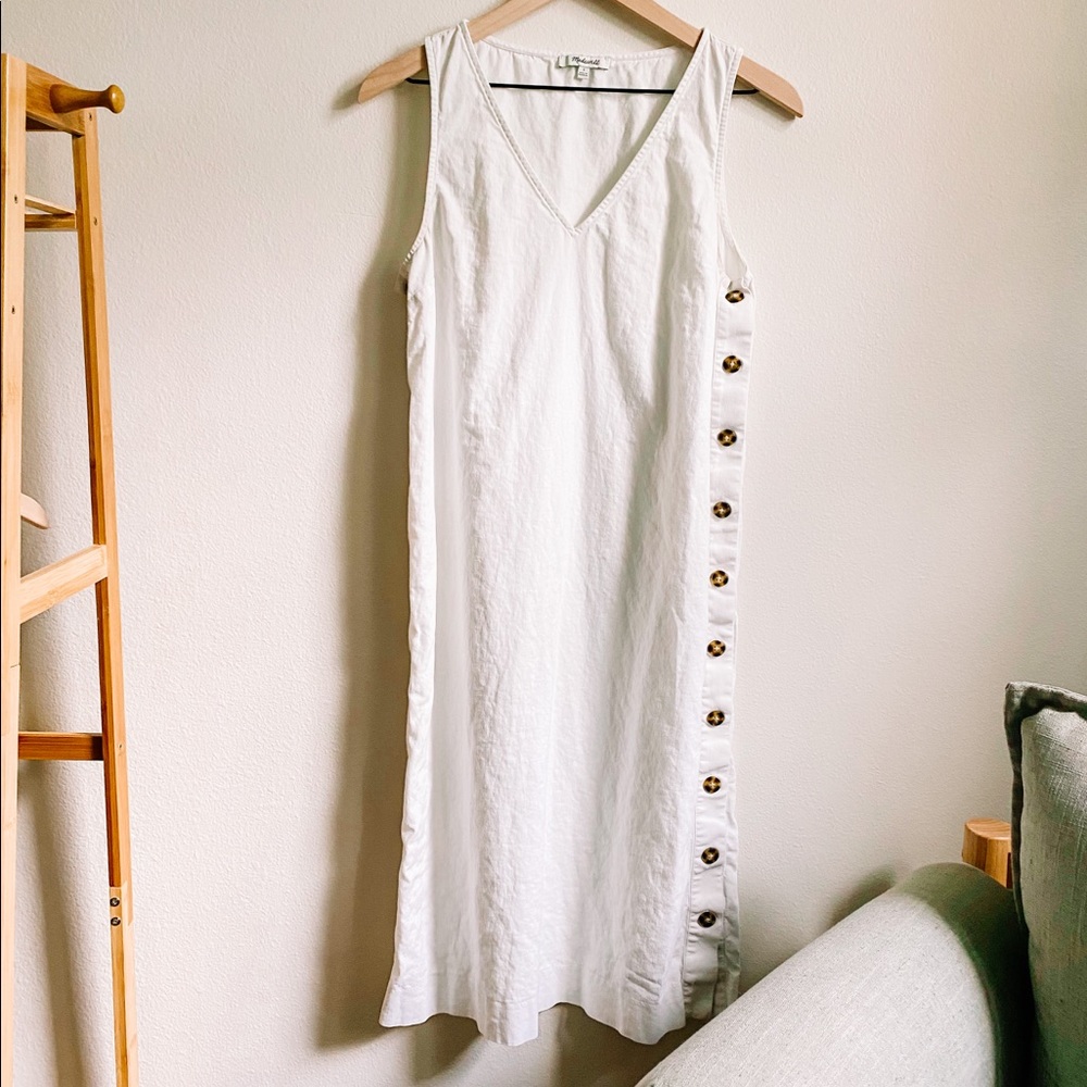 Madewell Linen Cotton Side Button Down Midi Slip Basic Dress White Neutral